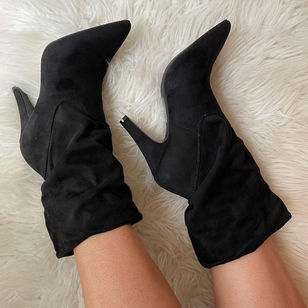 Black Slouchy Pointed Toe Faux Suede Boots - Picture 9 of 15